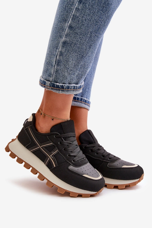 Sneakersy Buty Sportowe Damskie Sznurowane Na Platformie Czarne Mialunae