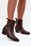 Skórzane Botki Kowbojki Damskie Na Słupku Ocieplane Zazoo 60565 Czekoladowe