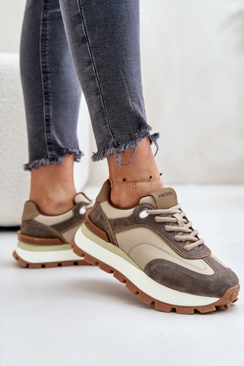 Sneakersy Damskie Na Platformie Ze Skóry Naturalnej Vinceza 41465 Beżowe