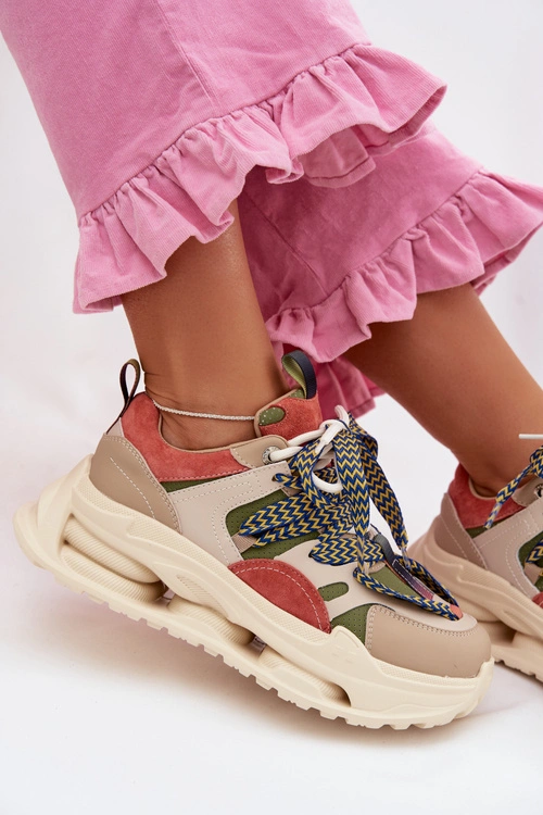 Skórzane Sneakersy Damskie Na Platformie D&A CR61-3133 Beżowe