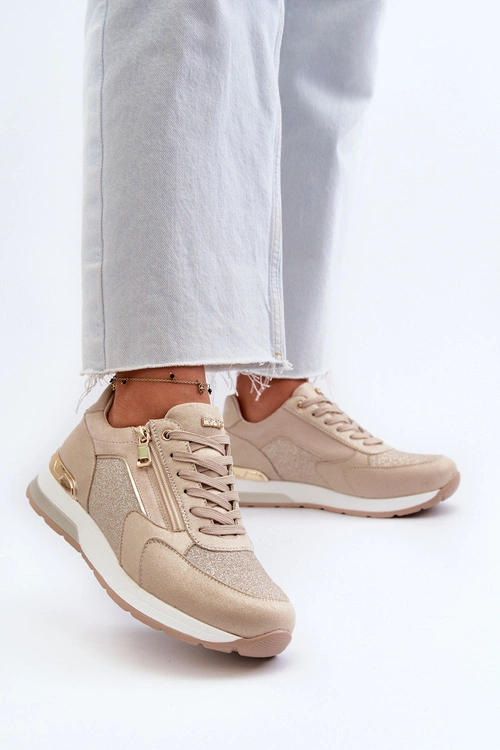 Sneakersy Damskie Z Brokatem I Suwakiem INBLU IN000365 Beżowe