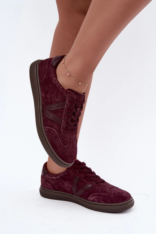 Skórzane Zamszowe Sneakersy Damskie Bordowe Cariva