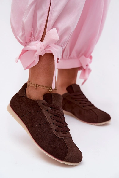 Sneakersy Damskie Z Eko Zamszu Niskie Czekoladowe Melvelin 