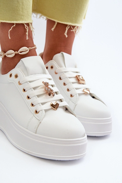 Sneakersy Damskie Na Platformie Z Przypinkami Eko Skóra Białe Cavisa