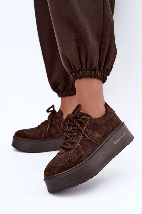 Skórzane Zamszowe Sneakersy Damskie Na Platformie Lee Cooper LCJ-26-01-4644 Czekoladowe
