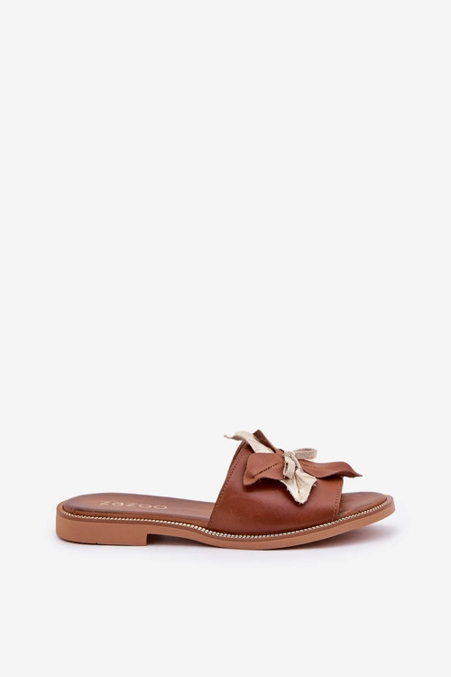 Klapki Z Ozdobą Skóra Naturalna Zazoo 3574/Z Camel