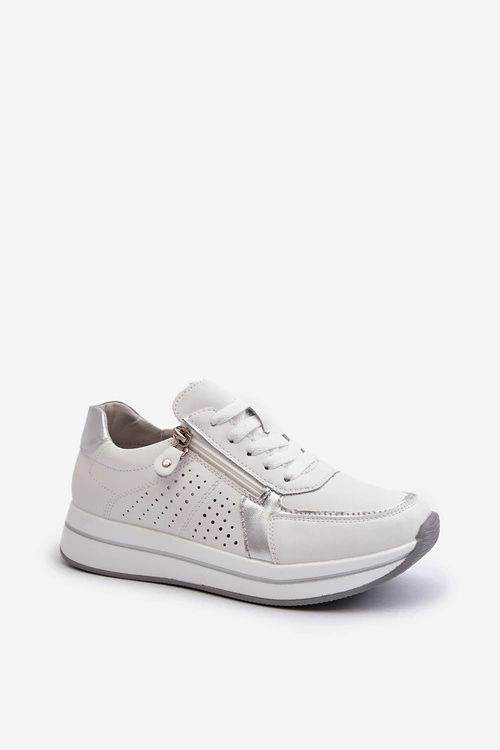 Damskie Skórzane Sneakersy Na Platformie Białe Ligustra