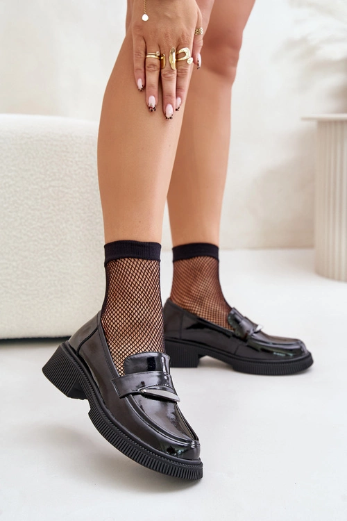 Lakierowane Mokasyny Loafersy Damskie Z Ozdobą D&A LZ42-031 Czarne