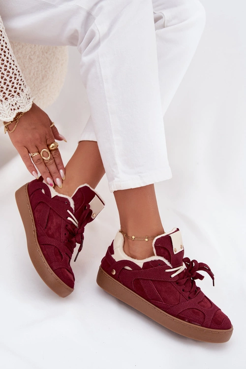 Sneakersy Damskie Na Platformie Ocieplane Futerkiem Bordowe Solvia