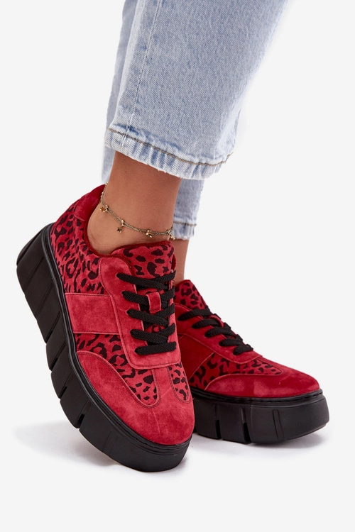 Zamszowe Ocieplane Sneakersy Damskie Na Masywnej Platformie Vinceza 66841 Panterka Czerwone