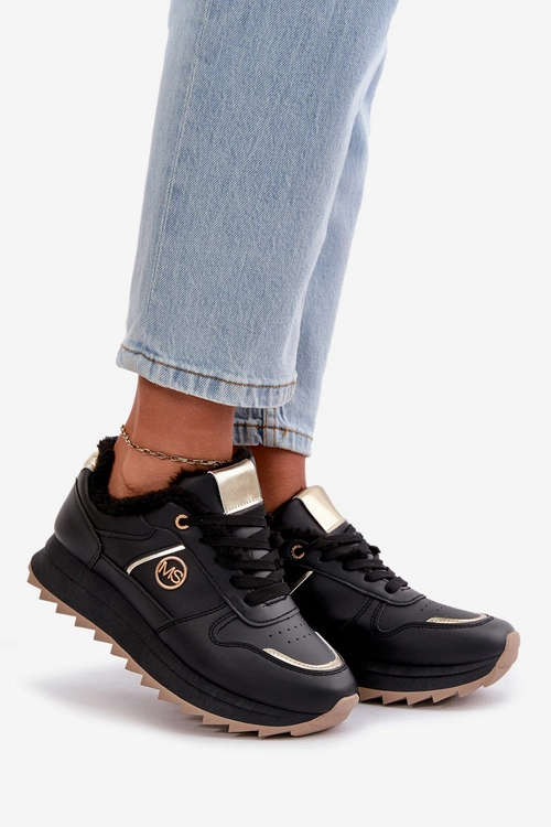 Buty Sportowe Damskie Ocieplane Futerkiem Na Platformie Czarne Lerisas