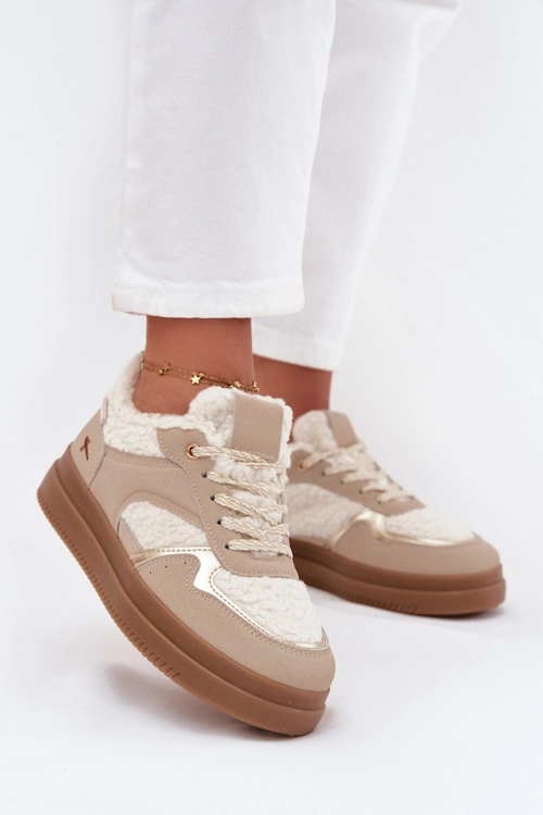 Sneakersy Damskie Na Platformie Z Futerkiem Typu Baranek Beżowe Frelina