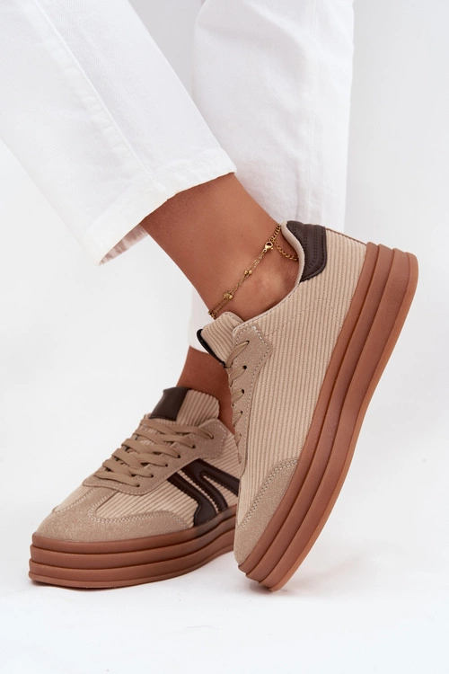 Sztruksowe Sneakersy Damskie Na Platformie Beżowe Corynelle