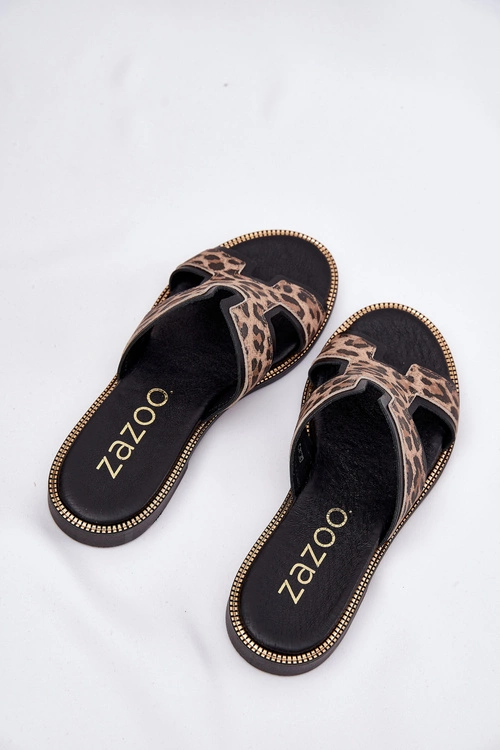 Skórzane Płaskie Klapki W Panterkę Zazoo 40383 Czarne