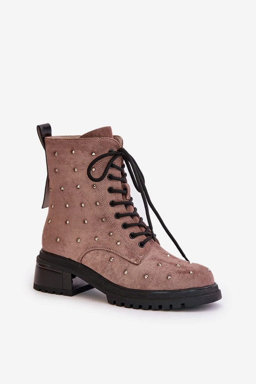 Zdobione Botki Workery Damskie Ocieplane D&A MR880-017 Taupe