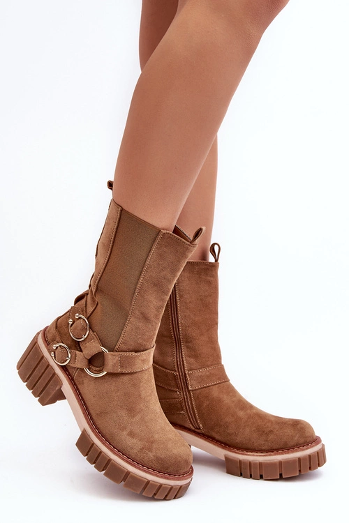 Damskie Zamszowe Ocieplane Botki Workery Camel Brinnon