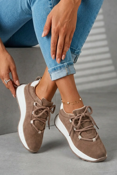 Skórzane Zamszowe Sneakersy Damskie Brązowe Bemela