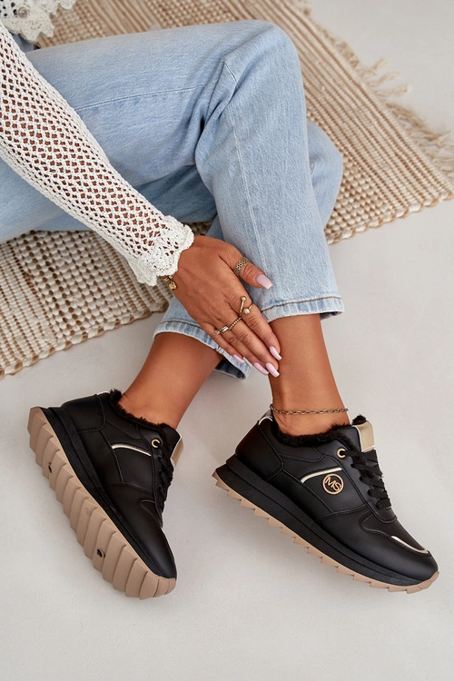 Buty Sportowe Damskie Ocieplane Futerkiem Na Platformie Czarne Lerisas