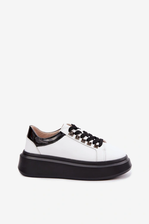 Skórzane Półbuty Sneakersy Damskie Z Ćwiekami Artiker 55C0401 Biało-Czarne