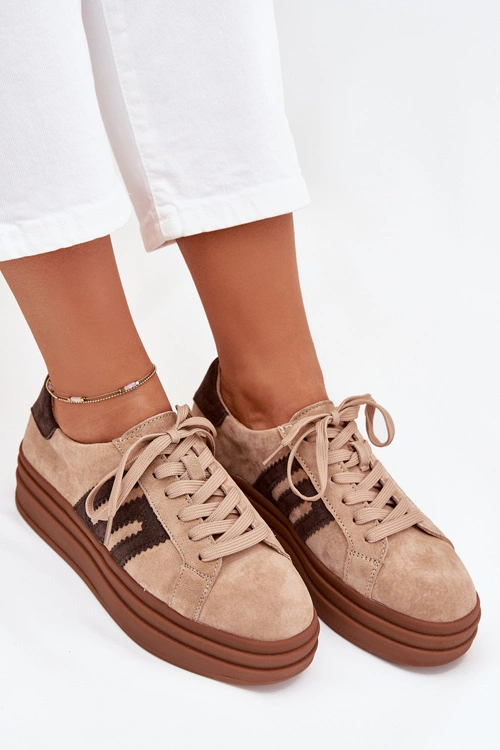 Sneakersy Damskie Na Platformie Z Naturalnego Zamszu Beżowe Eldira
