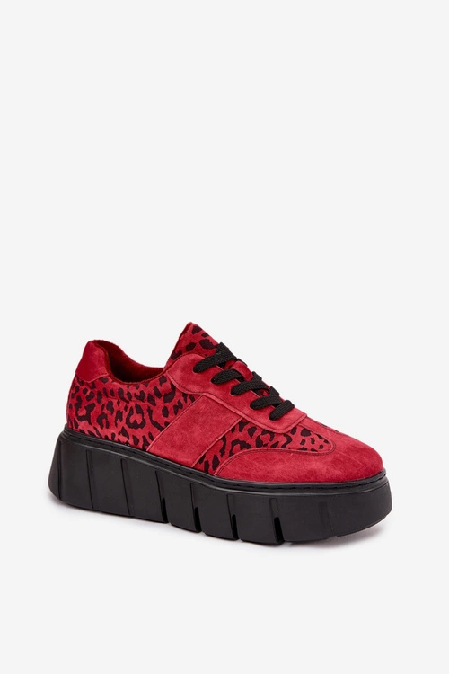 Zamszowe Ocieplane Sneakersy Damskie Na Masywnej Platformie Vinceza 66841 Panterka Czerwone