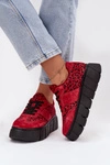 Zamszowe Ocieplane Sneakersy Damskie Na Masywnej Platformie Vinceza 66841 Panterka Czerwone